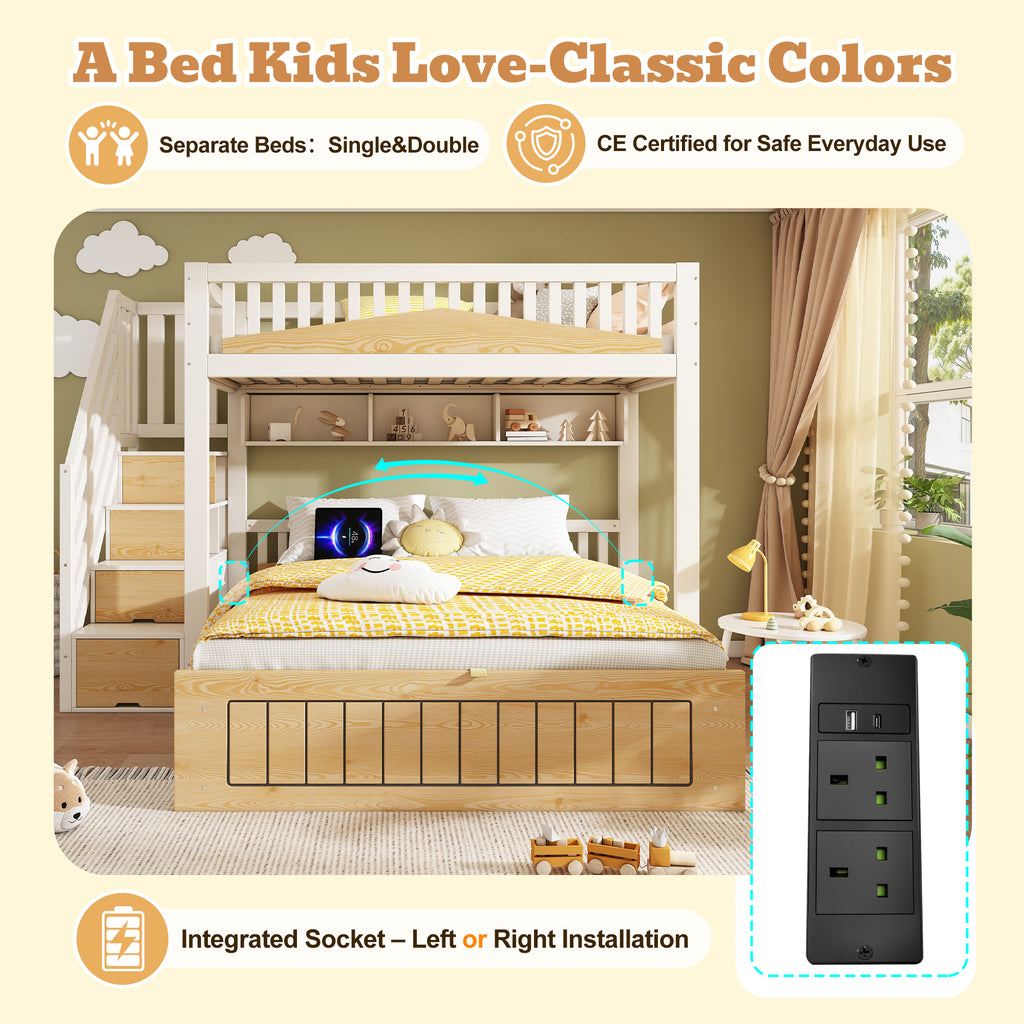 DC Orion Offset Kids Bunk Bed with Storage Staircase & USB Charging – White & Natural