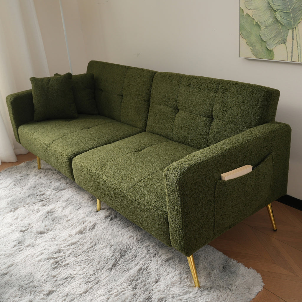 DumbbellCentral Eden Sherpa 2-Seater Sofa Bed with Adjustable Backrest & Gold Legs – Green (DC-SB-EDEN-176G)