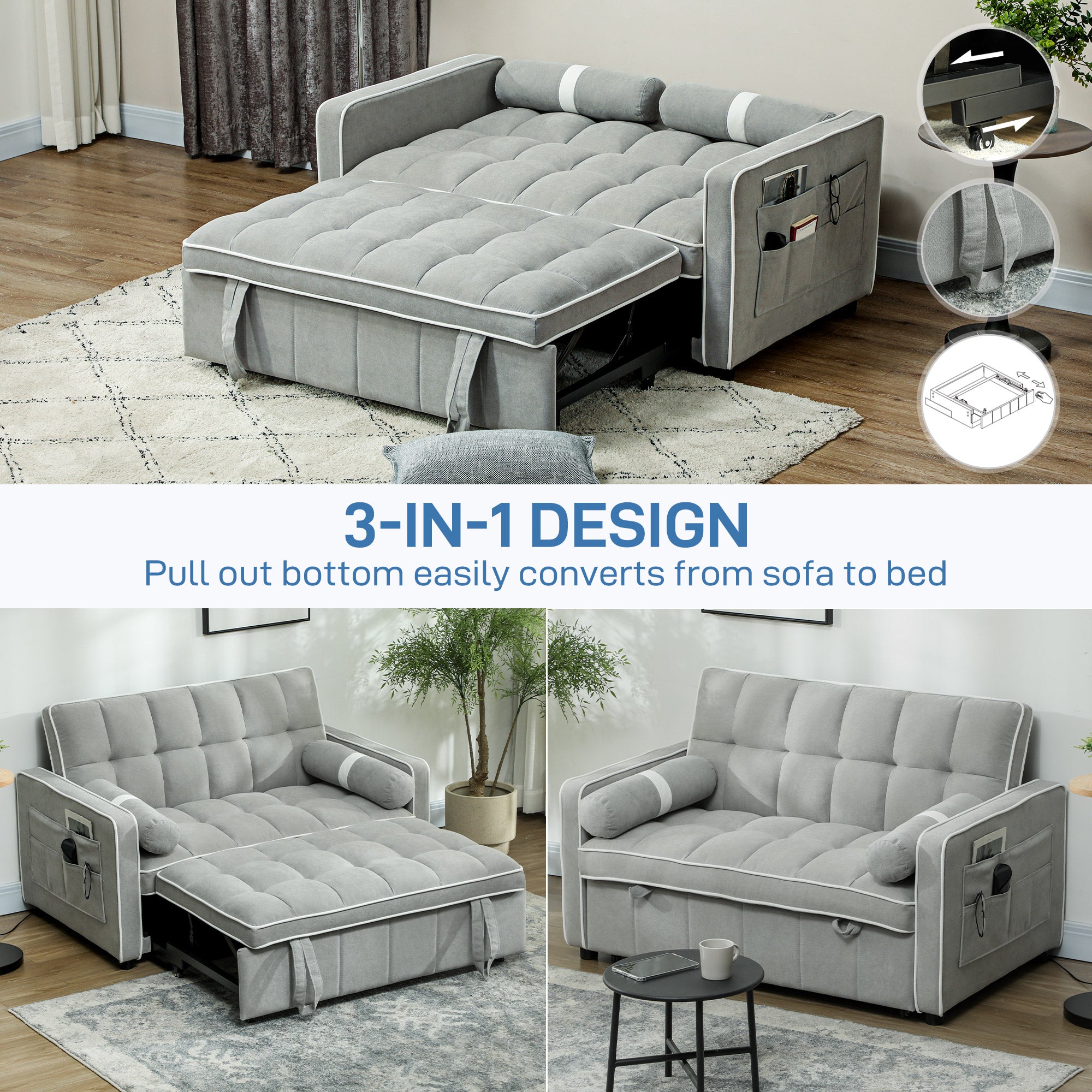 Two-Seater Linen-Look Sofa Bed - Light Grey