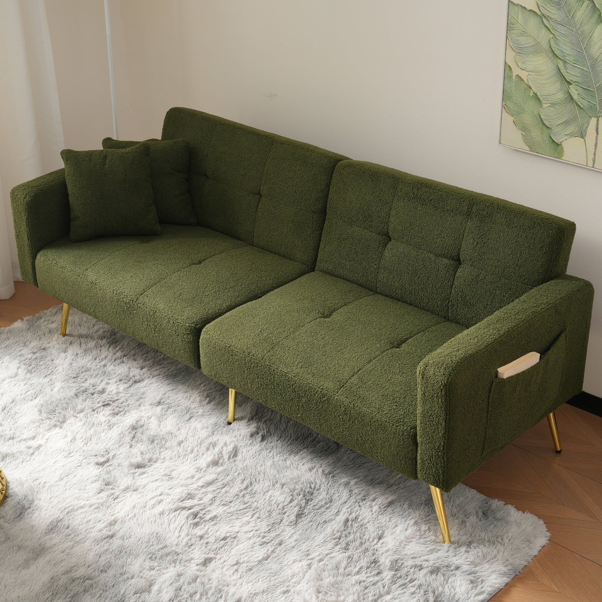 DumbbellCentral Eden Sherpa 2-Seater Sofa Bed with Adjustable Backrest & Gold Legs – Green (DC-SB-EDEN-176G)
