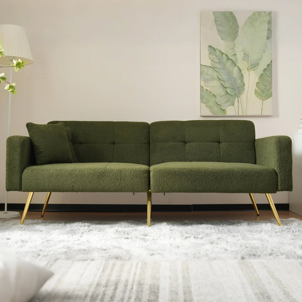 DumbbellCentral Eden Sherpa 2-Seater Sofa Bed with Adjustable Backrest & Gold Legs – Green (DC-SB-EDEN-176G)
