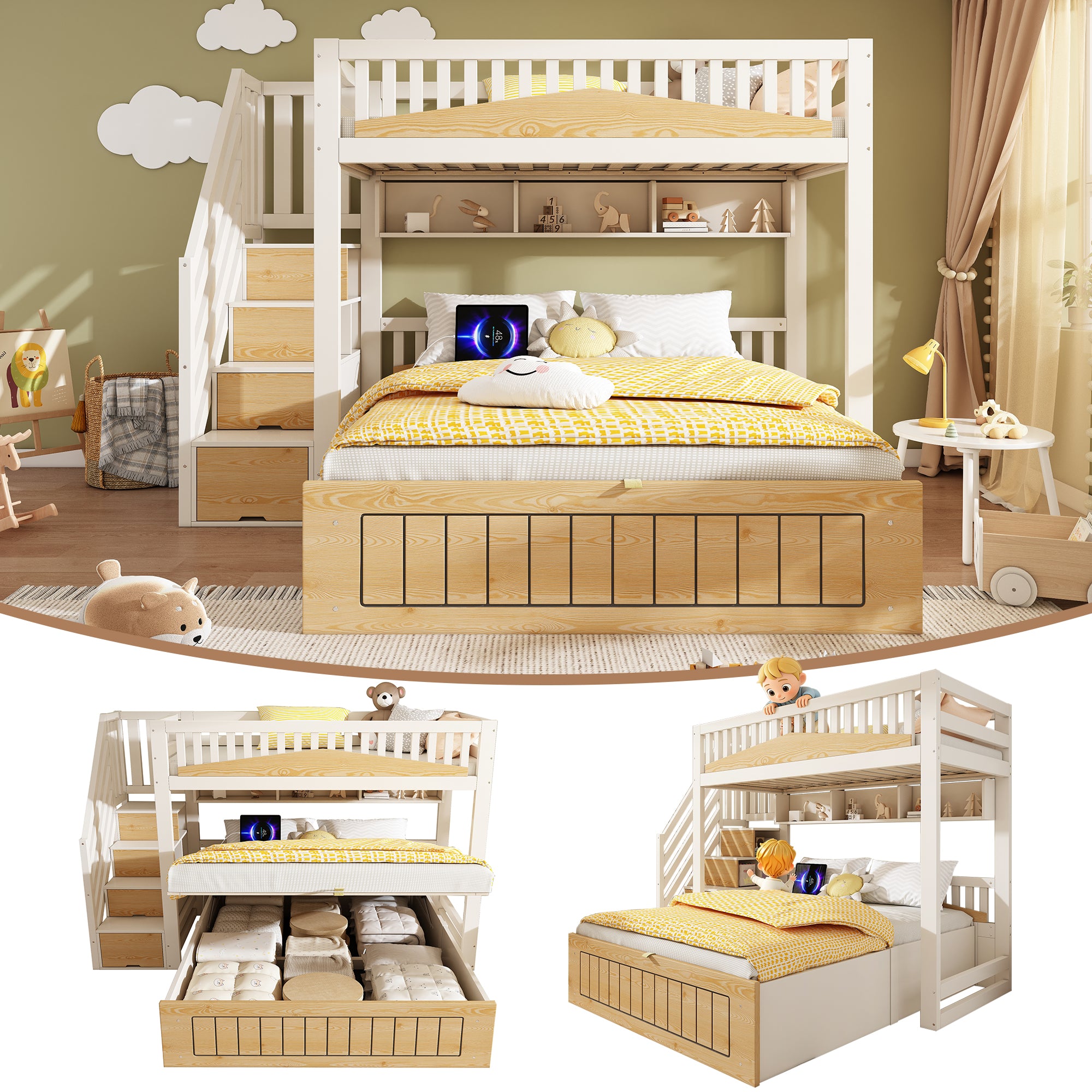 DC Orion Offset Kids Bunk Bed with Storage Staircase & USB Charging – White & Natural
