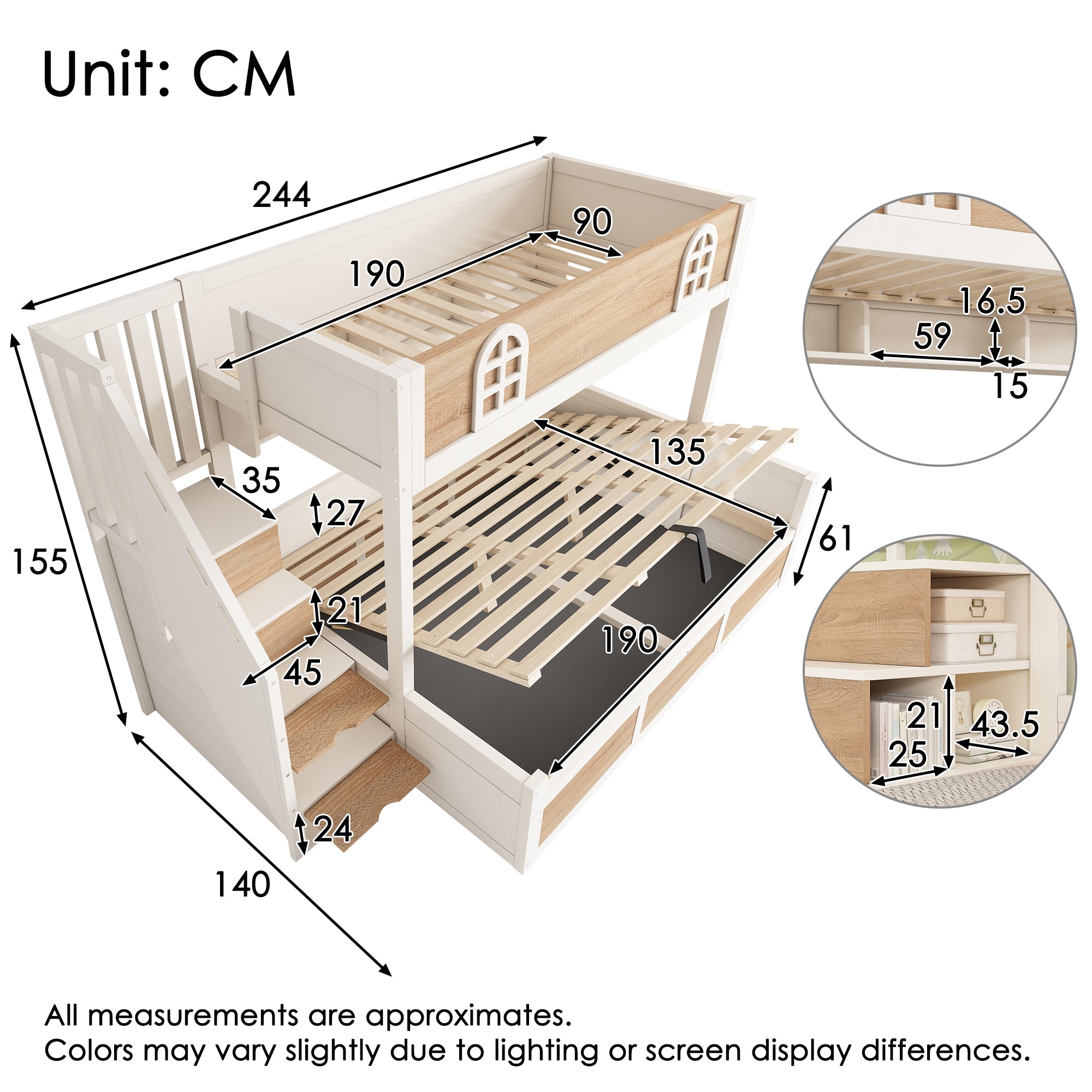 DC Atlas Kids Bunk Bed with Storage Staircase & Hydraulic Under-Bed Storage – White & Natural