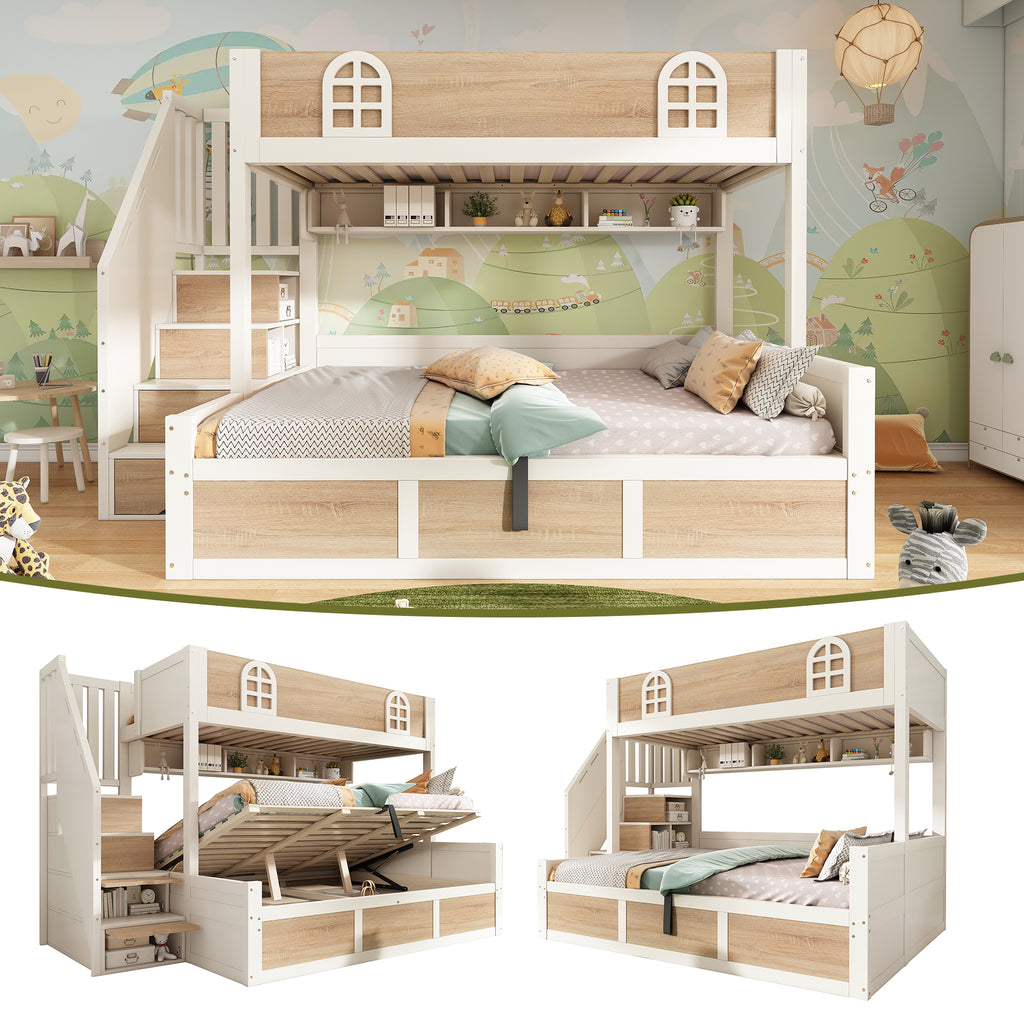 DC Atlas Kids Bunk Bed with Storage Staircase & Hydraulic Under-Bed Storage – White & Natural