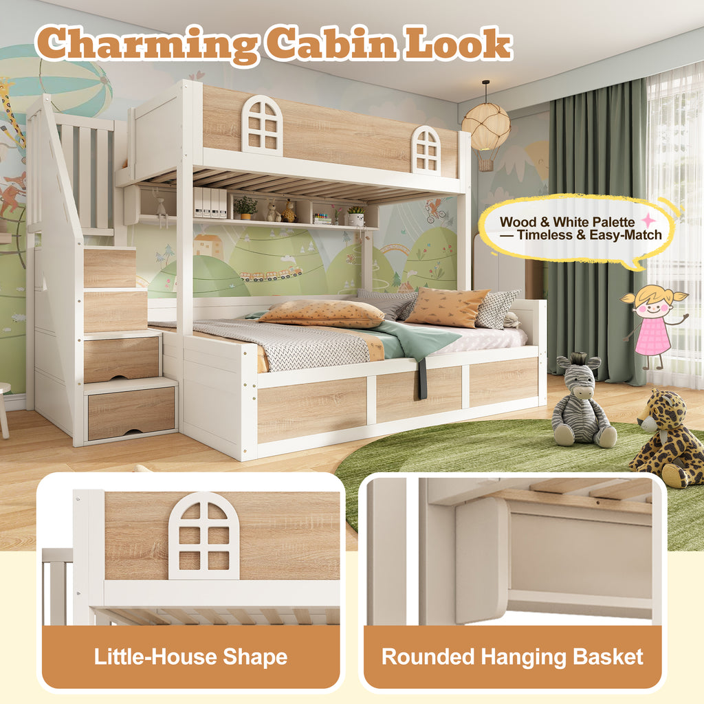 DC Atlas Kids Bunk Bed with Storage Staircase & Hydraulic Under-Bed Storage – White & Natural