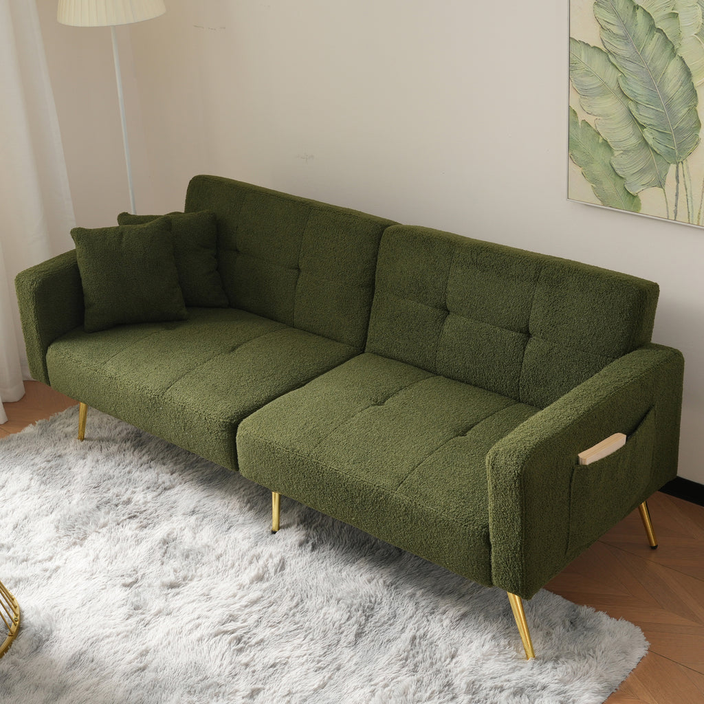 DumbbellCentral Eden Sherpa 2-Seater Sofa Bed with Adjustable Backrest & Gold Legs – Green (DC-SB-EDEN-176G)