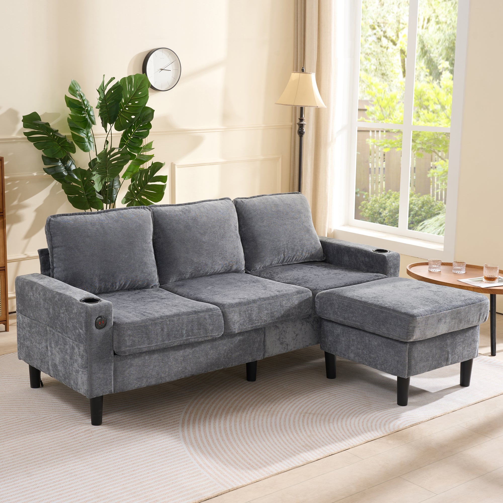 L-Shaped Couch Sofa, Corner Sofa 3 Seater Sofa, Sectional Sofa Couches With USB, Cup Holder, For Apartment Living Room Grey