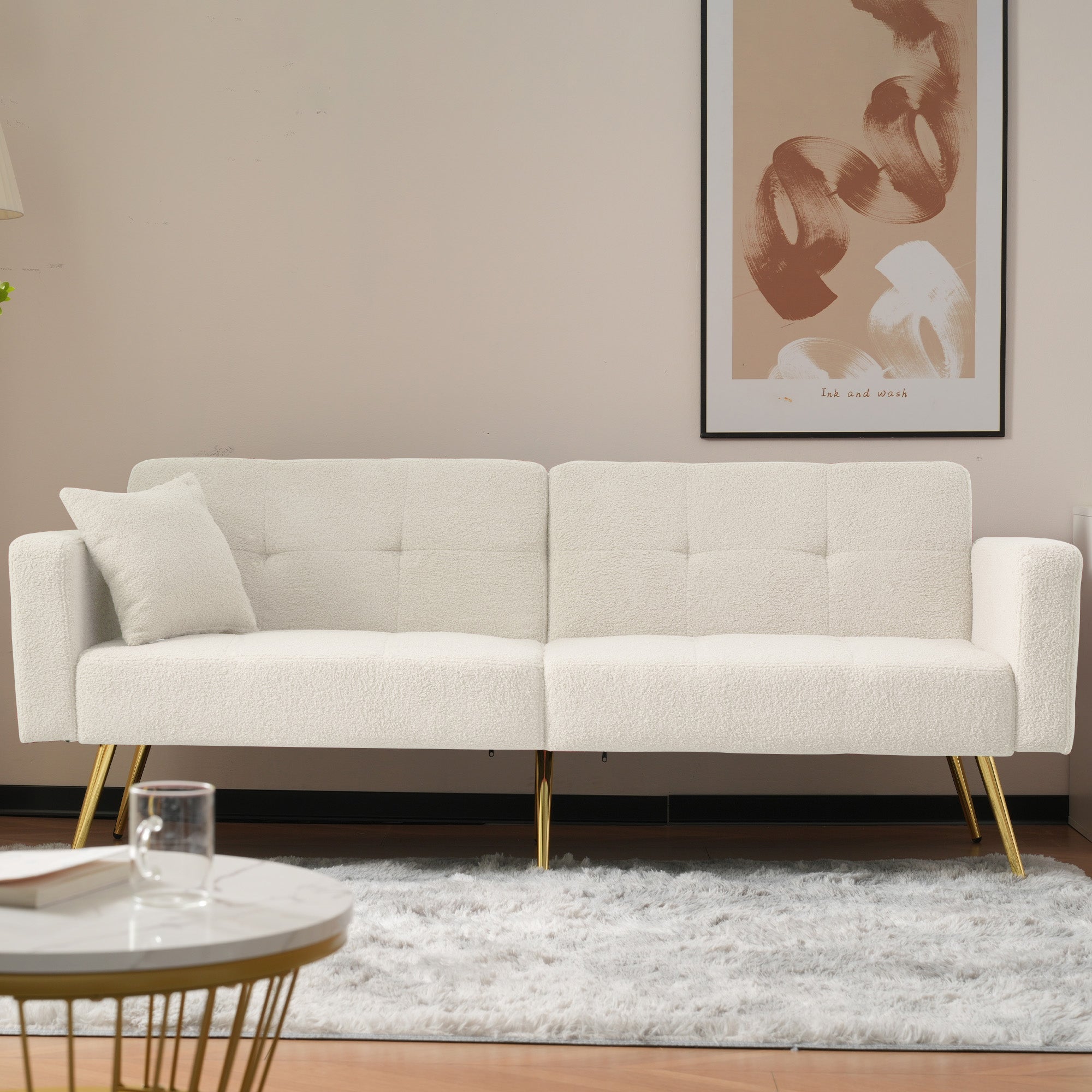 DumbbellCentral Aurora Sherpa Sofa Bed with Adjustable Backrest & Gold Legs – White (DC-SB-AURORA-W176)