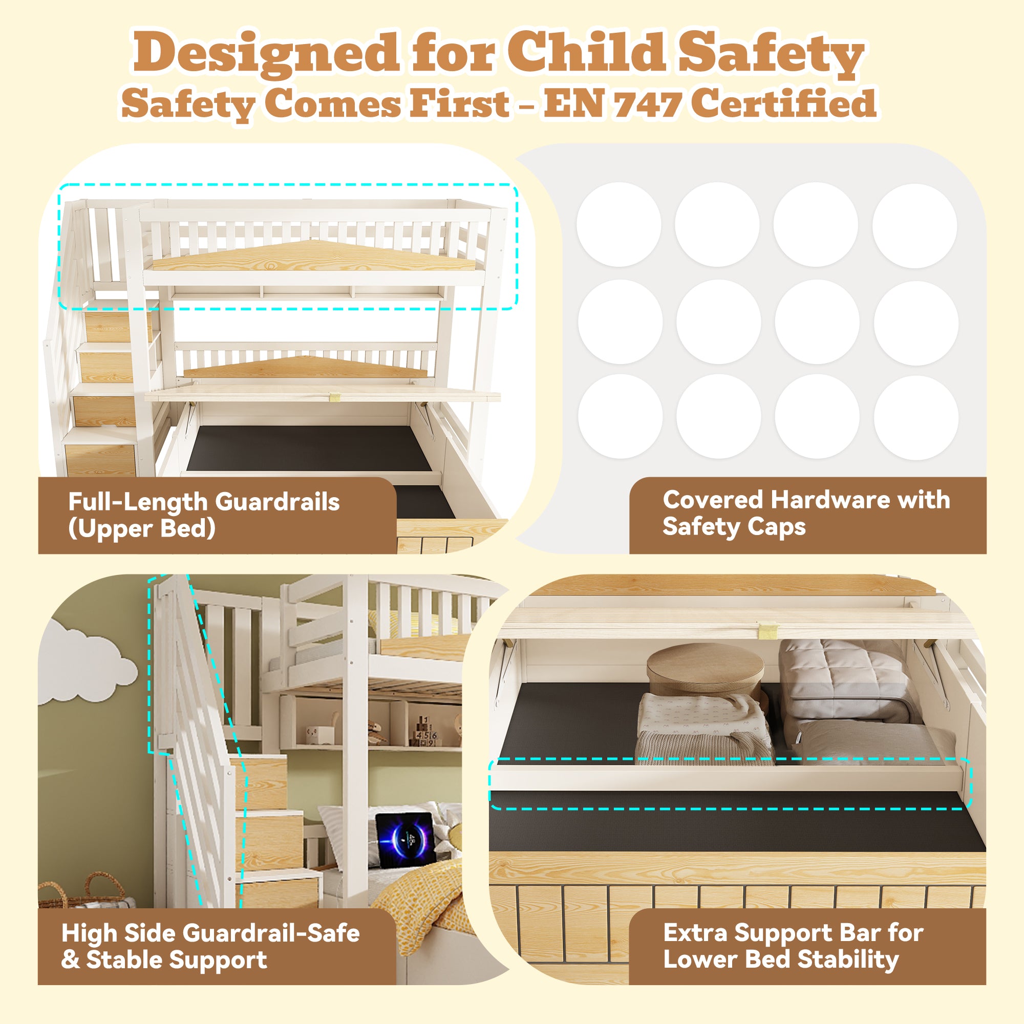 DC Orion Offset Kids Bunk Bed with Storage Staircase & USB Charging – White & Natural