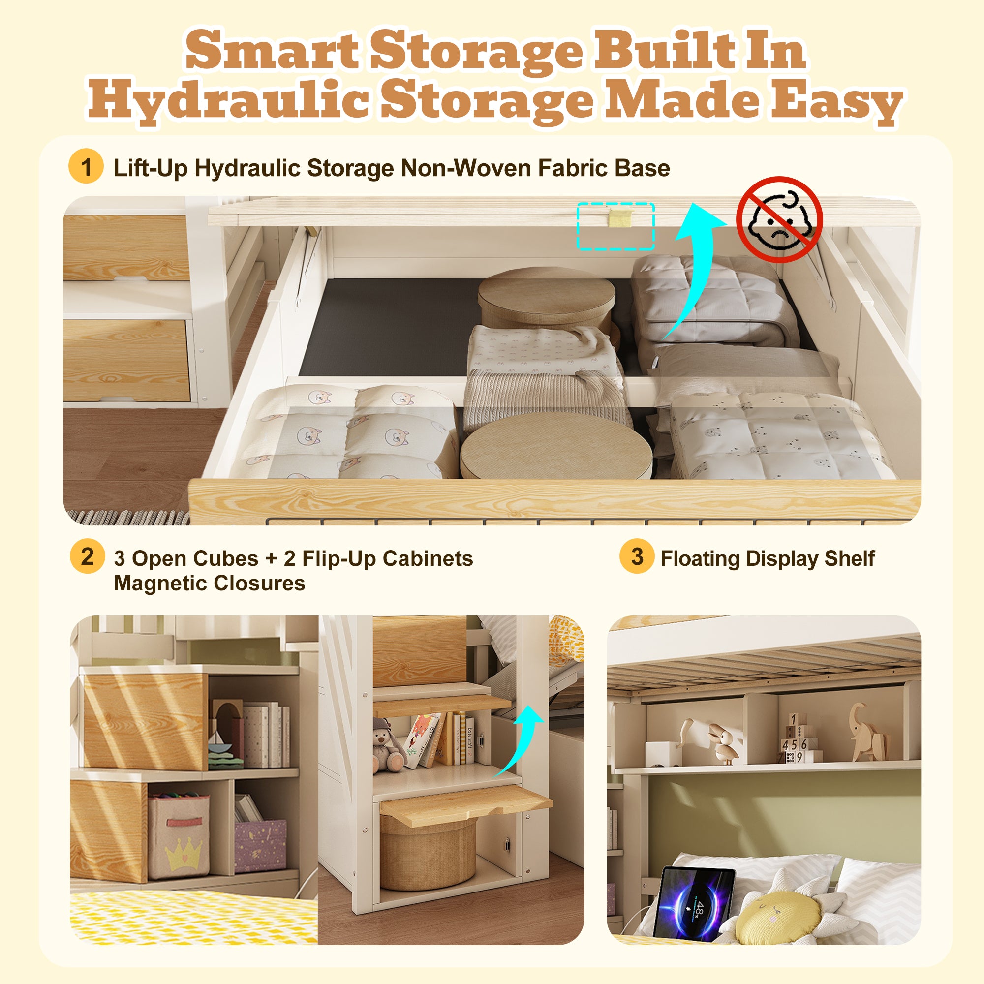 DC Orion Offset Kids Bunk Bed with Storage Staircase & USB Charging – White & Natural