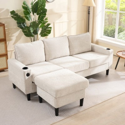 L-Shaped Couch Sofa, Corner Sofa 3 Seater Sofa, Sectional Sofa Couches With USB, Cup Holder, For Apartment Living Room Beige