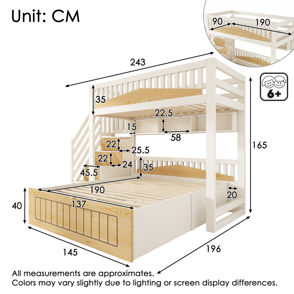 DC Orion Offset Kids Bunk Bed with Storage Staircase & USB Charging – White & Natural