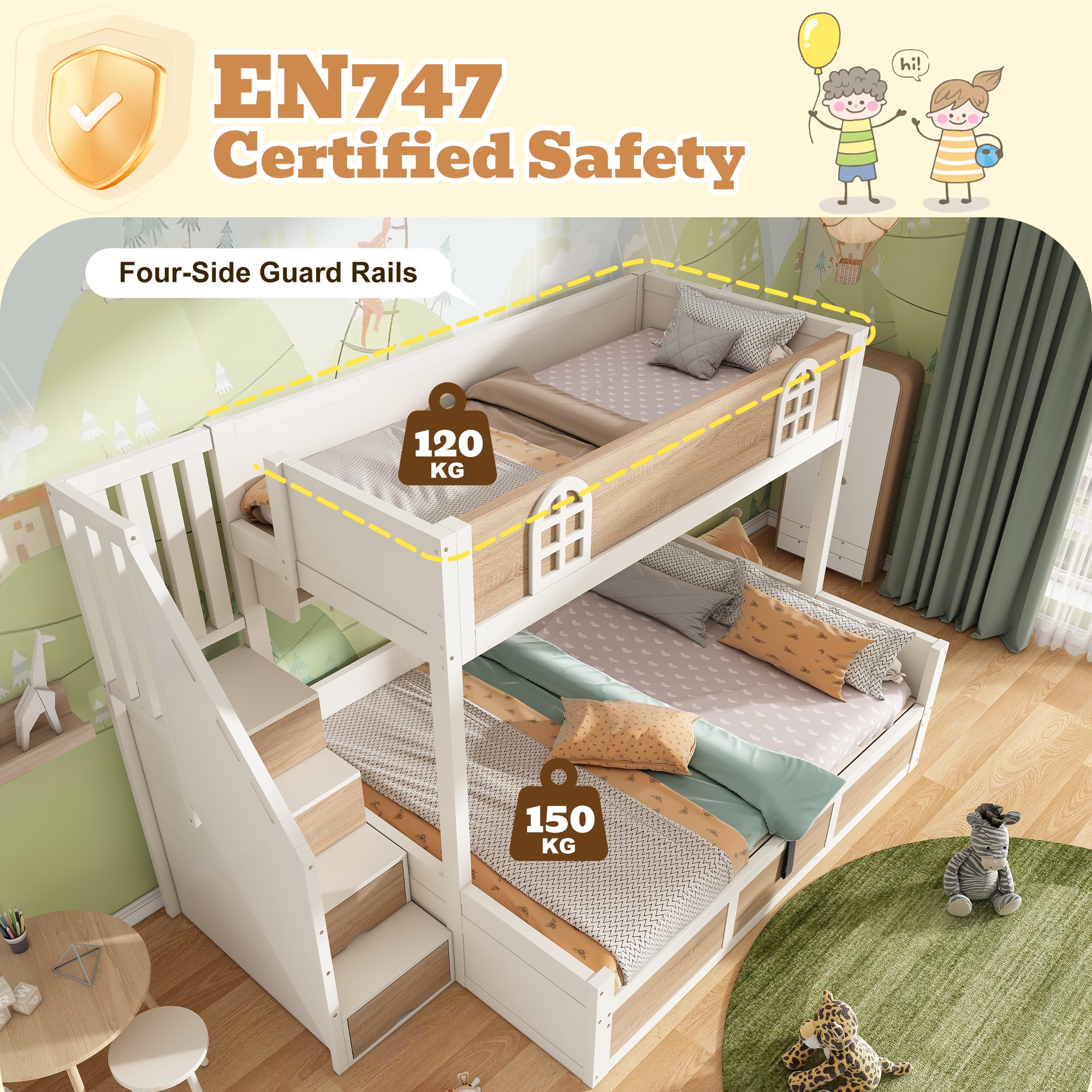 DC Atlas Kids Bunk Bed with Storage Staircase & Hydraulic Under-Bed Storage – White & Natural