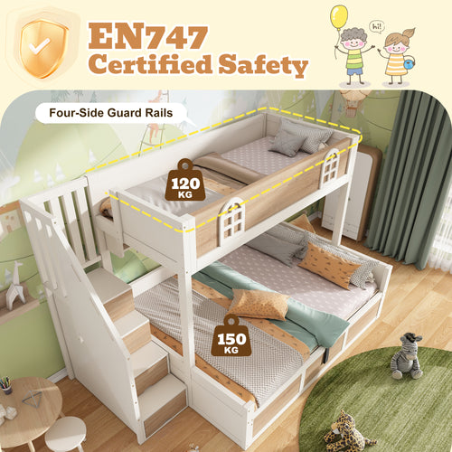 DC Atlas Kids Bunk Bed with Storage Staircase & Hydraulic Under-Bed Storage – White & Natural