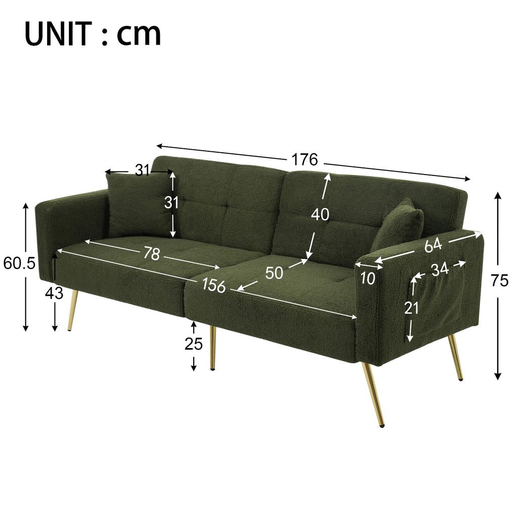 DumbbellCentral Eden Sherpa 2-Seater Sofa Bed with Adjustable Backrest & Gold Legs – Green (DC-SB-EDEN-176G)