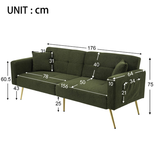 DumbbellCentral Eden Sherpa 2-Seater Sofa Bed with Adjustable Backrest & Gold Legs – Green (DC-SB-EDEN-176G)