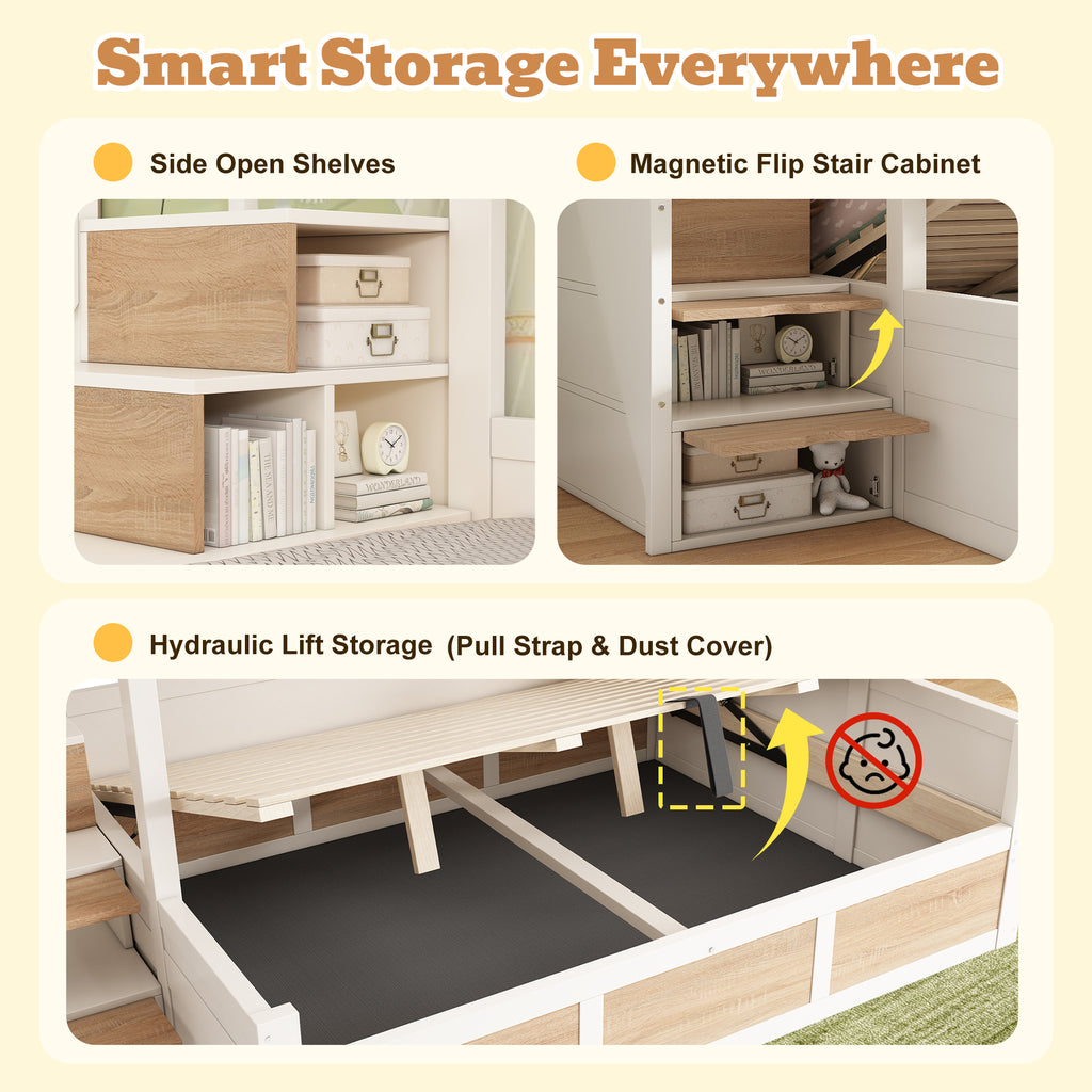 DC Atlas Kids Bunk Bed with Storage Staircase & Hydraulic Under-Bed Storage – White & Natural