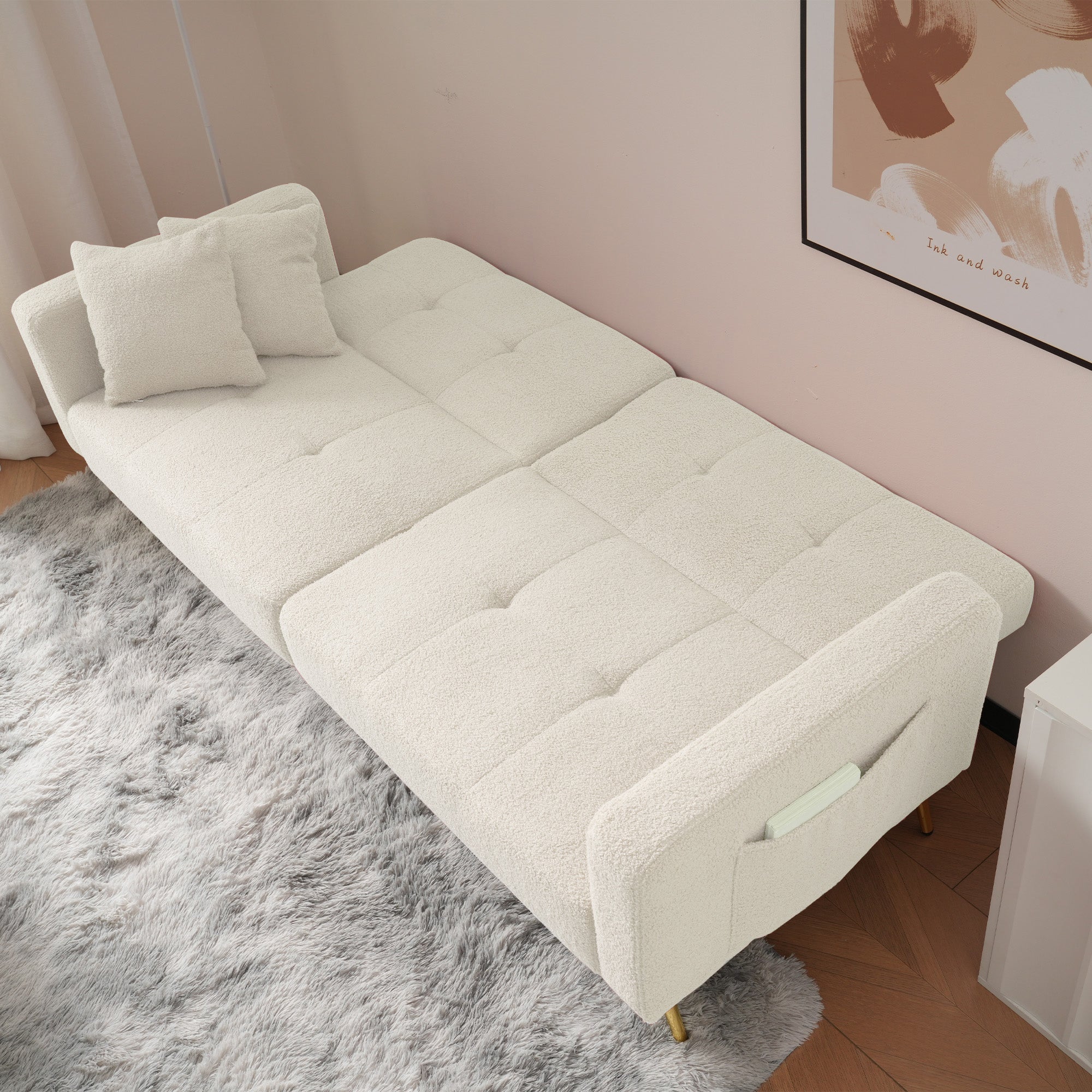 DumbbellCentral Aurora Sherpa Sofa Bed with Adjustable Backrest & Gold Legs – White (DC-SB-AURORA-W176)